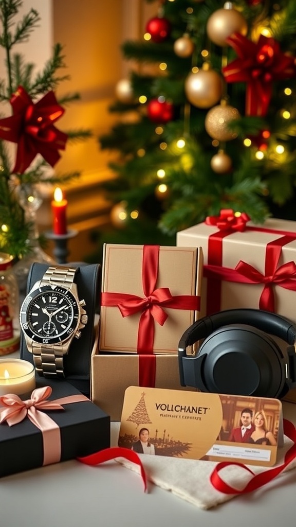 Luxury Christmas gifts for boyfriend including a watch, headphones, and dining voucher on a festive background.